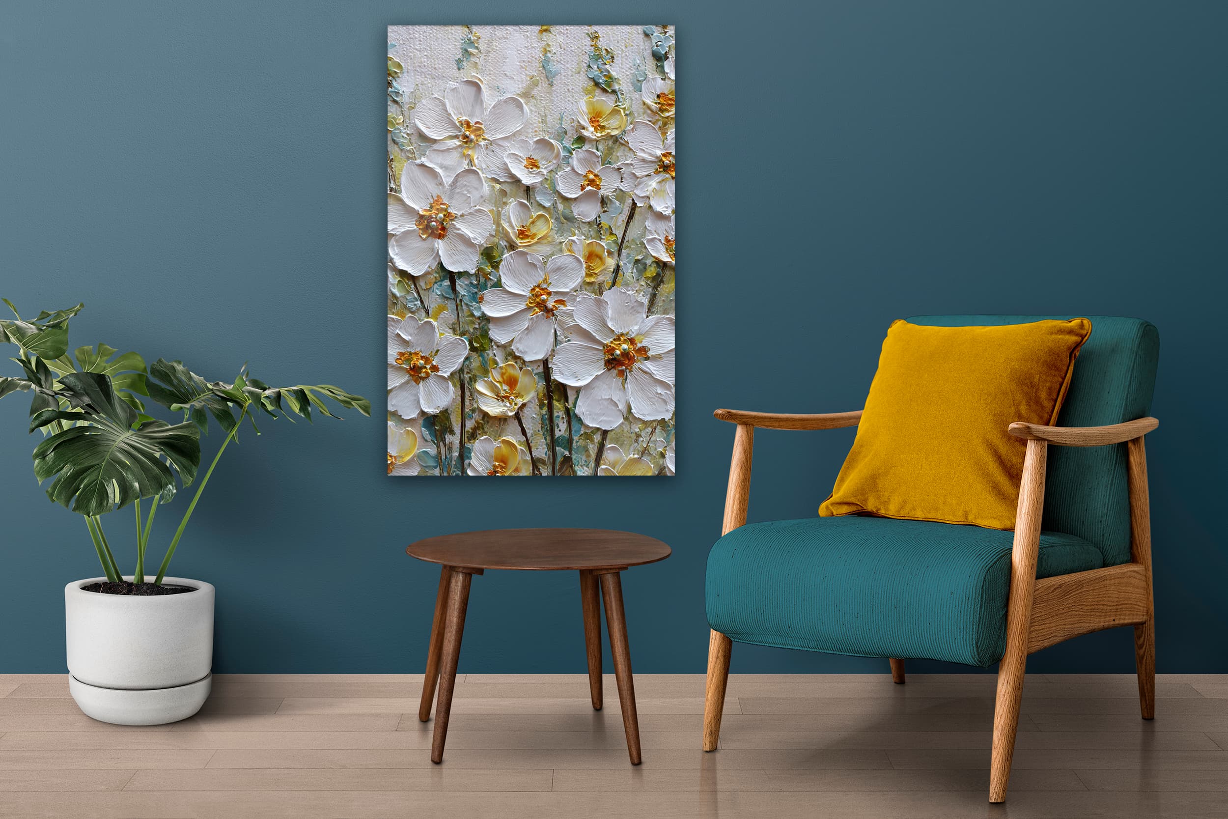 Textured White Floral Glass Wall Art, 3D Flower Painting on Tempered Glass