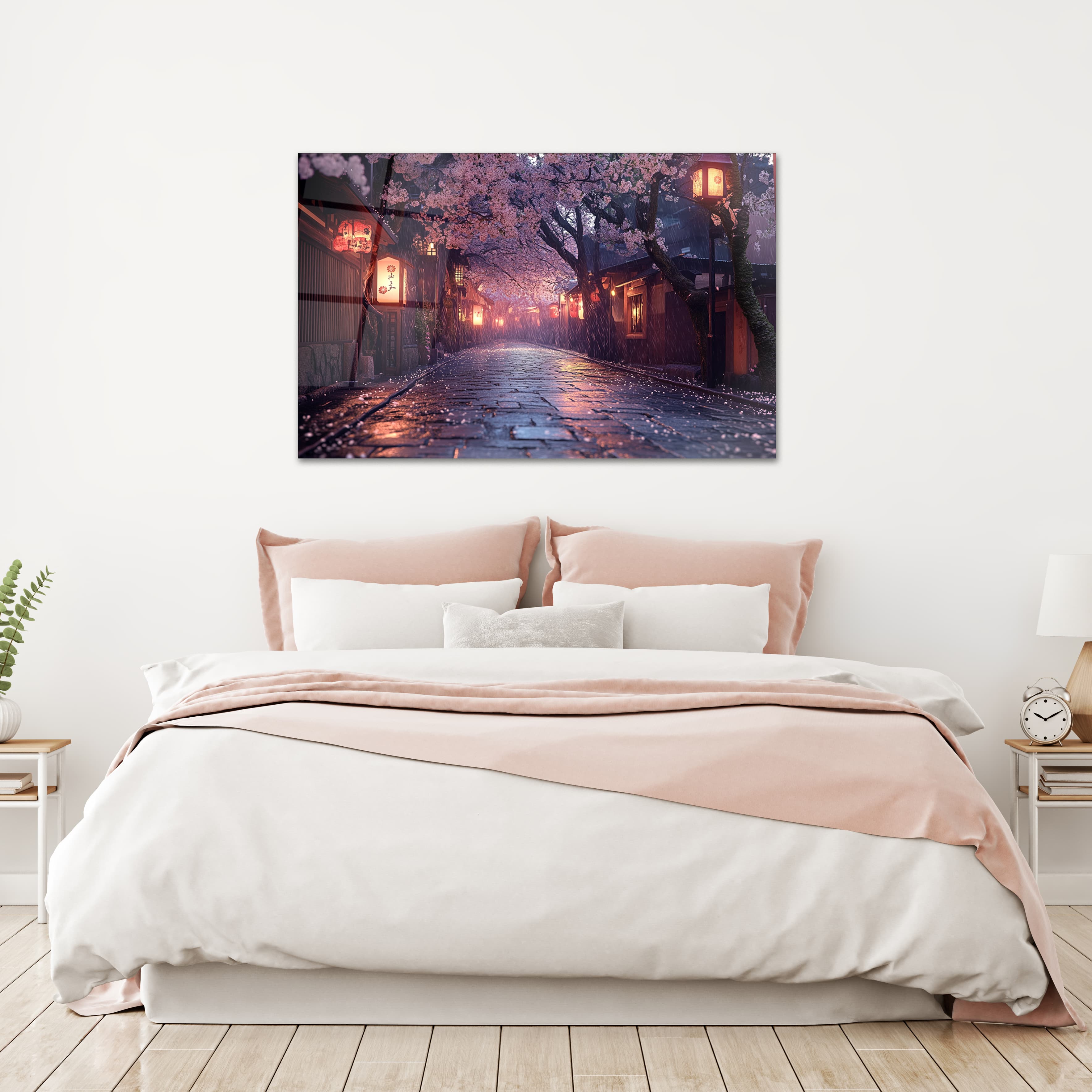Japanese Sakura Street Glass Art, Kyoto Lantern Rain Print, — alternate view