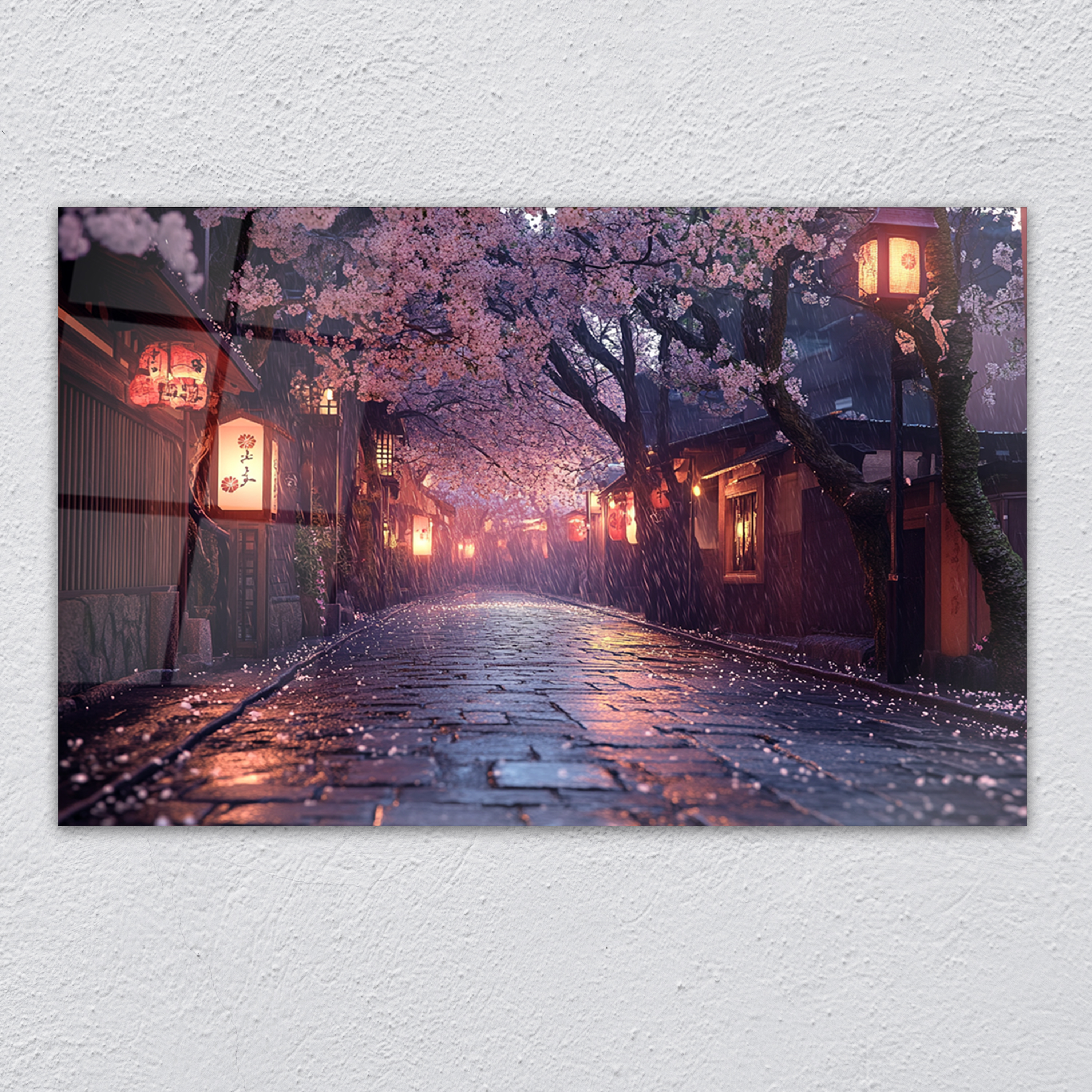 Japanese Sakura Street Glass Art, Kyoto Lantern Rain Print,